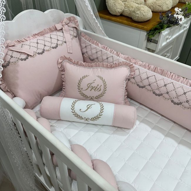 Enxoval de Berço Personalizado 08 Peças Mali Baby Rose e Branco 3765