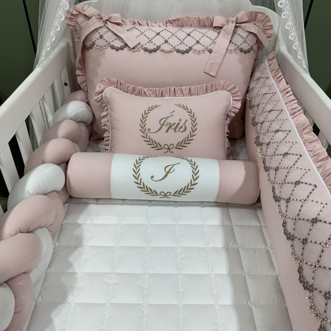 Enxoval de Berço Personalizado 08 Peças Mali Baby Rose e Branco 3765