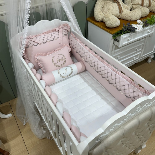 Enxoval de Berço Personalizado 08 Peças Mali Baby Rose e Branco 3765