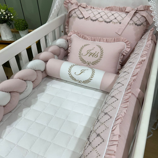 Enxoval de Berço Personalizado 08 Peças Mali Baby Rose e Branco 3765
