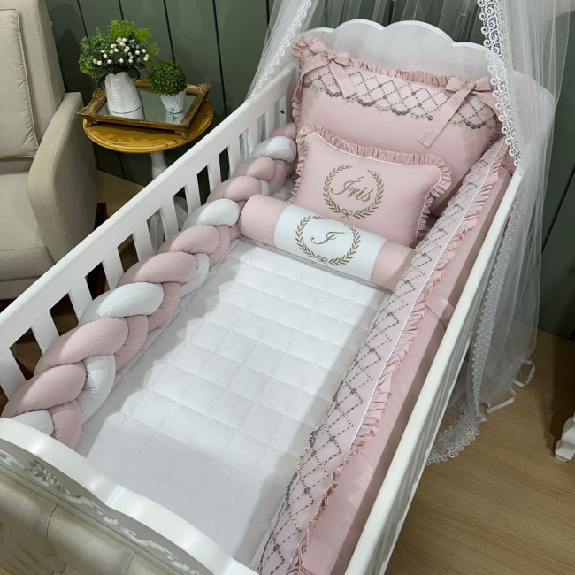 Enxoval de Berço Personalizado 08 Peças Mali Baby Rose e Branco 3765