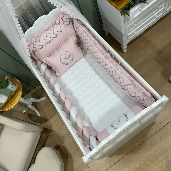 Enxoval de Berço Personalizado 08 Peças Mali Baby Rose e Branco 3765