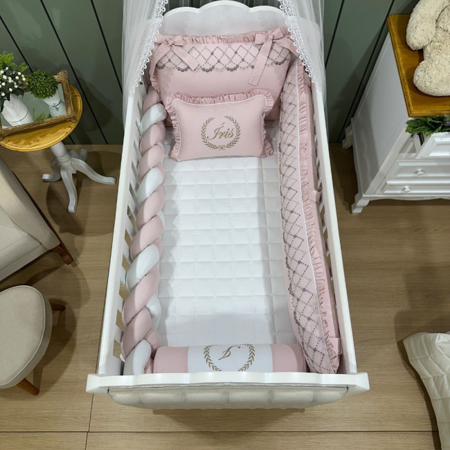 Enxoval de Berço Personalizado 08 Peças Mali Baby Rose e Branco 3765