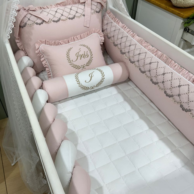 Enxoval de Berço Personalizado 08 Peças Mali Baby Rose e Branco 3765
