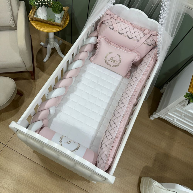Enxoval de Berço Personalizado 08 Peças Mali Baby Rose e Branco 3765