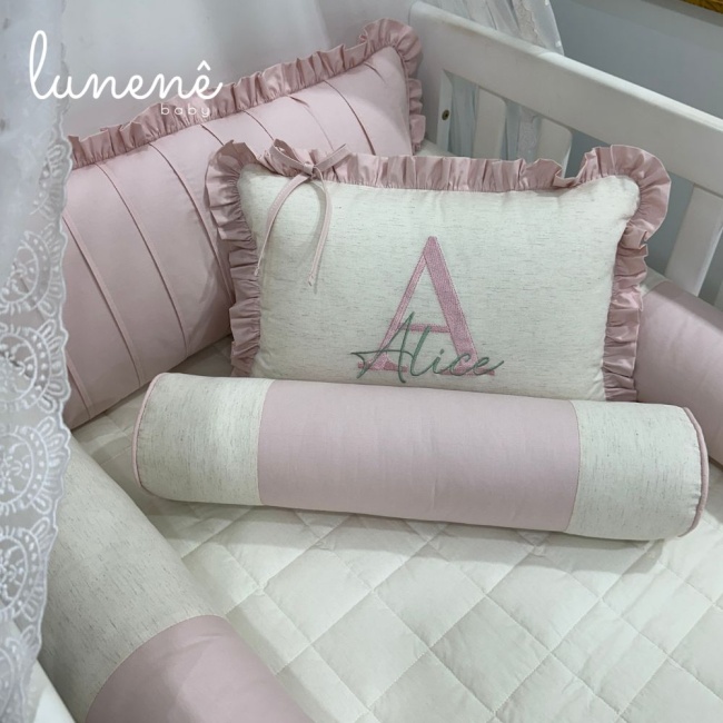 Kit Berço 100% Algodão 200 Fios Personalizado 08 Peças Meu Bebê Percal Linho e Rose 4634
