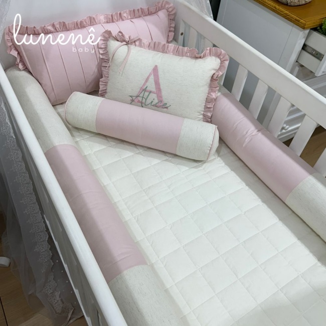 Kit Berço 100% Algodão 200 Fios Personalizado 08 Peças Meu Bebê Percal Linho e Rose 4634
