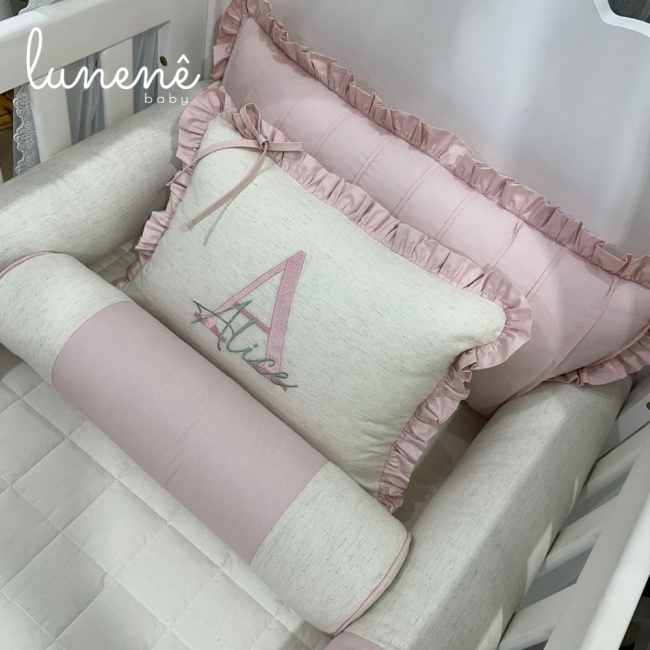 Kit Berço 100% Algodão 200 Fios Personalizado 08 Peças Meu Bebê Percal Linho e Rose 4634