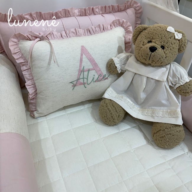 Kit Berço 100% Algodão 200 Fios Personalizado 08 Peças Meu Bebê Percal Linho e Rose 4634