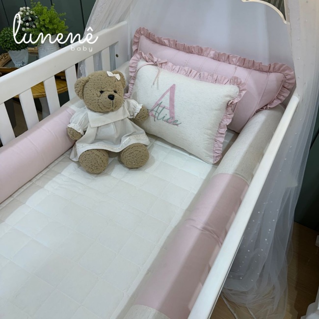 Kit Berço 100% Algodão 200 Fios Personalizado 08 Peças Meu Bebê Percal Linho e Rose 4634