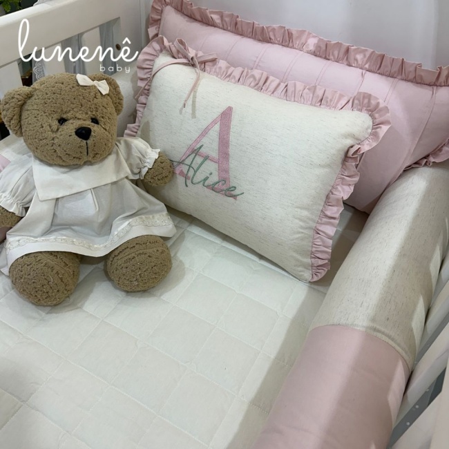 Kit Berço 100% Algodão 200 Fios Personalizado 08 Peças Meu Bebê Percal Linho e Rose 4634