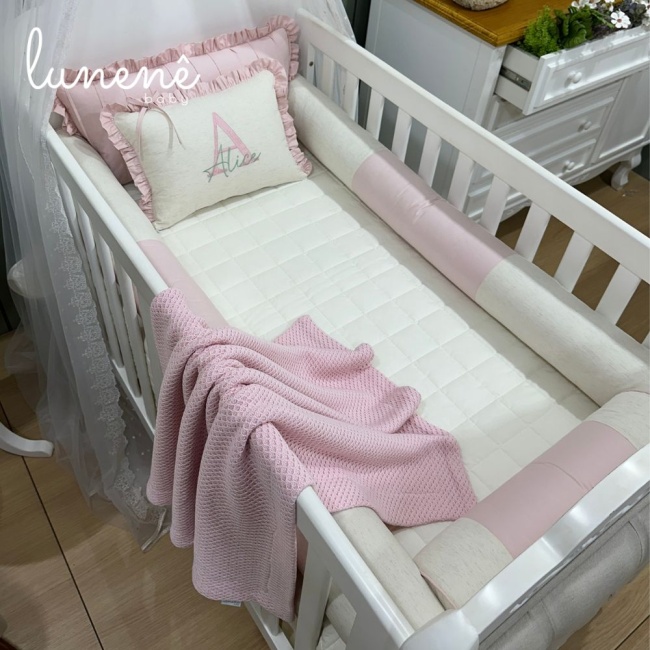 Kit Berço 100% Algodão 200 Fios Personalizado 08 Peças Meu Bebê Percal Linho e Rose 4634