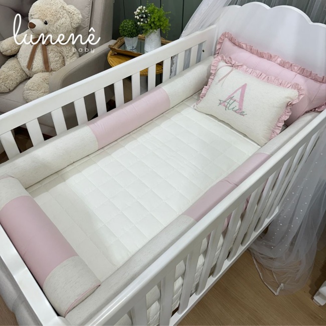 Kit Berço 100% Algodão 200 Fios Personalizado 08 Peças Meu Bebê Percal Linho e Rose 4634