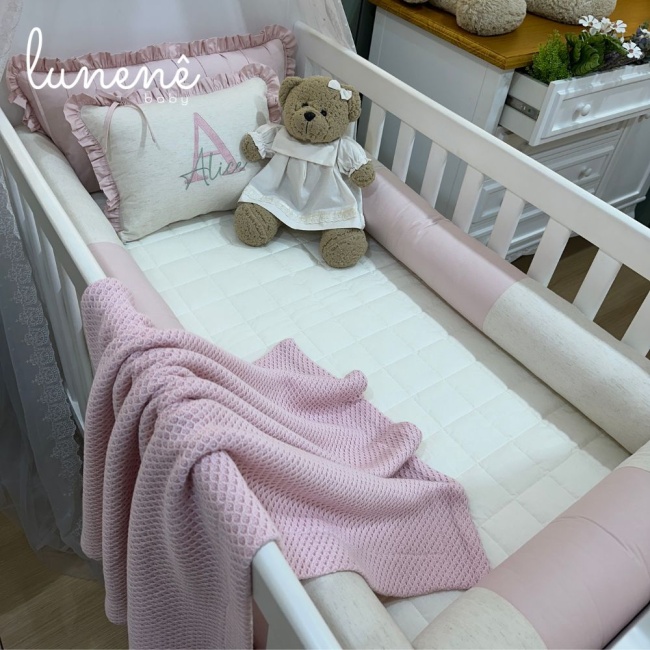 Kit Berço 100% Algodão 200 Fios Personalizado 08 Peças Meu Bebê Percal Linho e Rose 4634