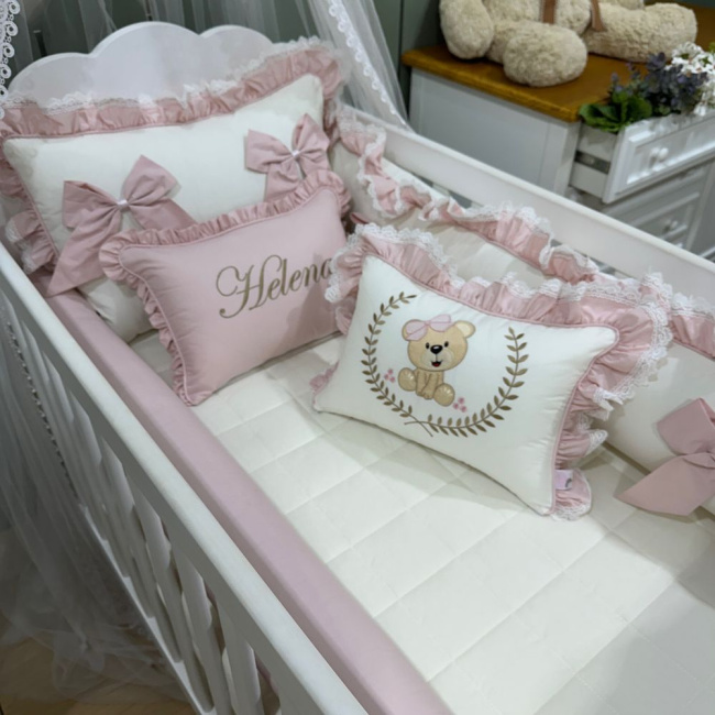 Enxoval de Berço Personalizado 08 Peças Meus Amores Ursa Fofura Rosê 200 Fios