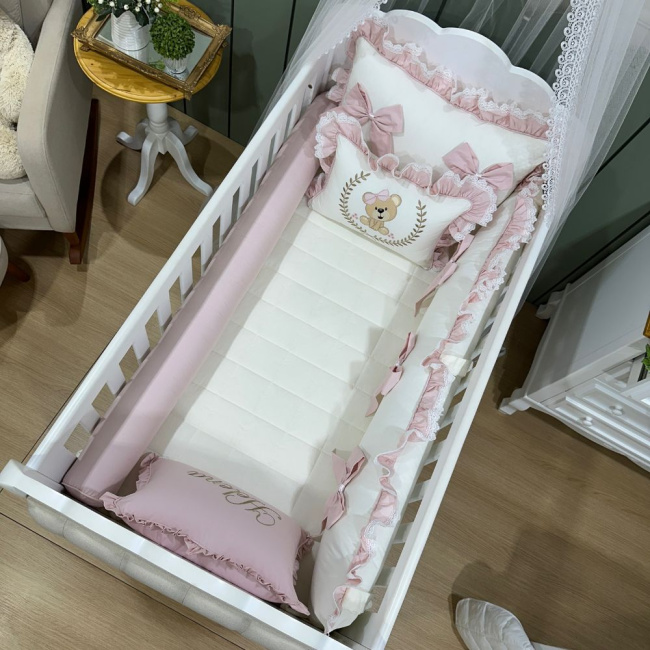 Enxoval de Berço Personalizado 08 Peças Meus Amores Ursa Fofura Rosê 200 Fios