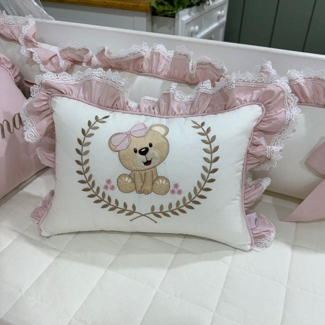 Enxoval de Berço Personalizado 08 Peças Meus Amores Ursa Fofura Rosê 200 Fios