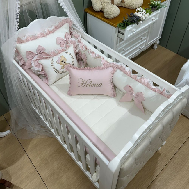 Enxoval de Berço Personalizado 08 Peças Meus Amores Ursa Fofura Rosê 200 Fios