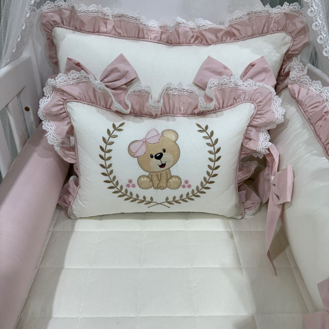 Enxoval de Berço Personalizado 08 Peças Meus Amores Ursa Fofura Rosê 200 Fios