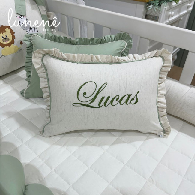 Enxoval de Berço Personalizado 08 Peças Meus Bichinhos Linho e Verde 200 Fios