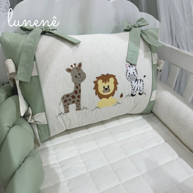Enxoval de Berço Personalizado 08 Peças Meus Bichinhos Linho e Verde 200 Fios