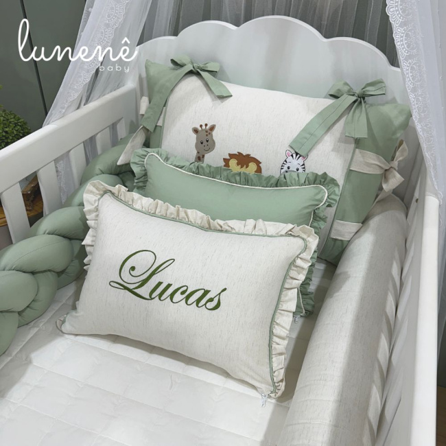 Enxoval de Berço Personalizado 08 Peças Meus Bichinhos Linho e Verde 200 Fios