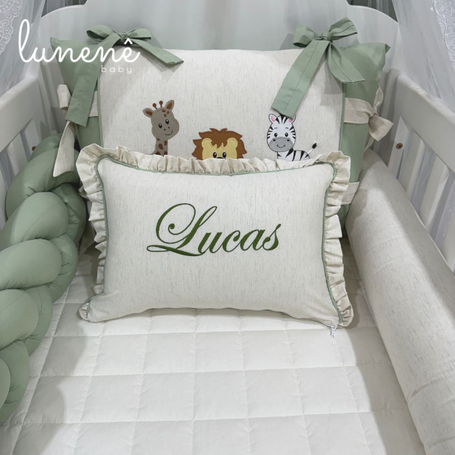 Enxoval de Berço Personalizado 08 Peças Meus Bichinhos Linho e Verde 200 Fios