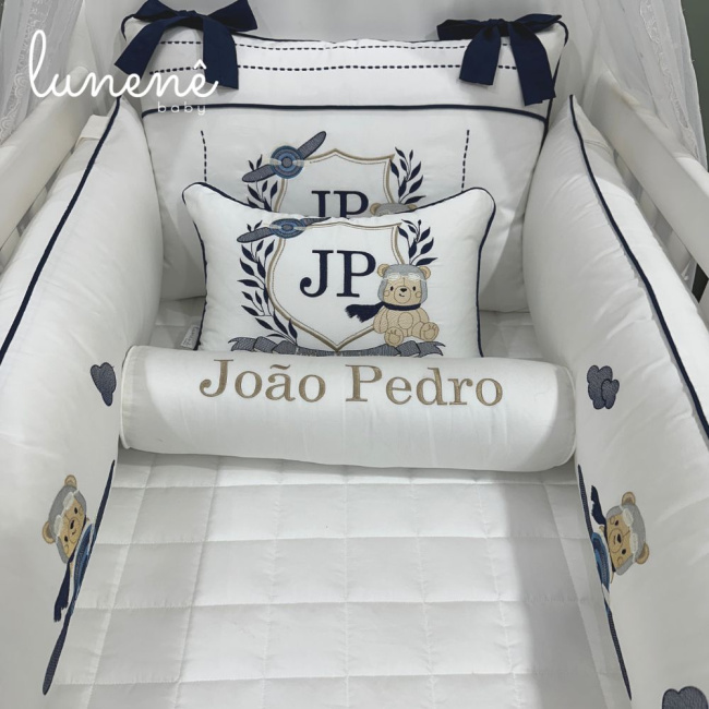 Enxoval de Berço Personalizado 08 Peças Personale Baby 400 Fios Ursinho Aviador 4577