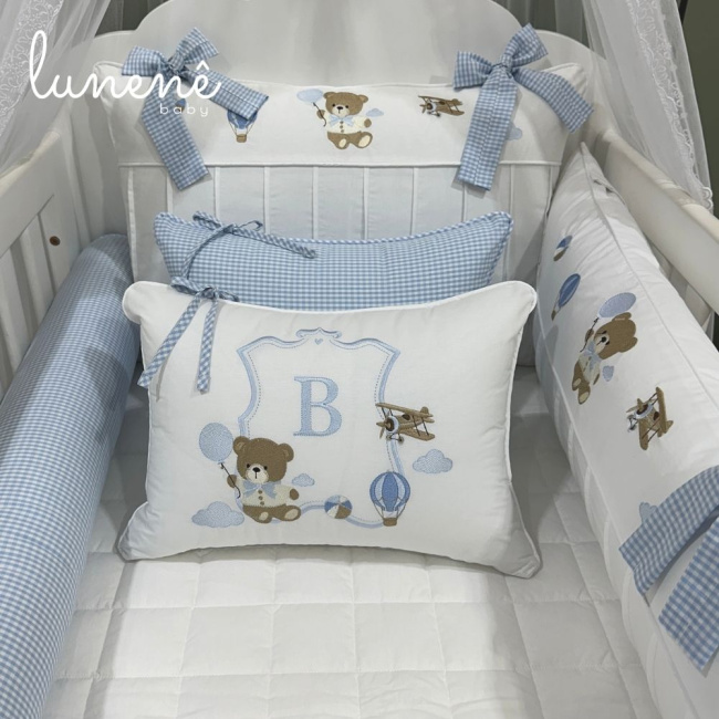 Enxoval de Berço Personalizado 08 Peças Ursinho Aviador 200 Fios 4563