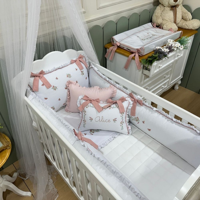 Enxoval de Berço Personalizado 08 Peças Piquezinho Floral 200 Fios 4533