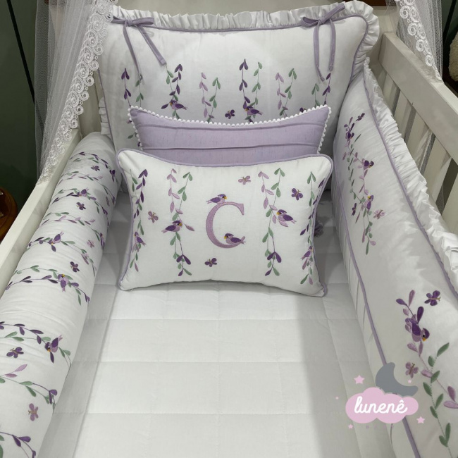 Enxoval de Berço Personalizado 08 Peças Primavera Baby Lilás 200 Fios