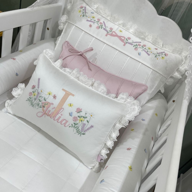 Enxoval de Berço Personalizado 08 Peças Rolos Flores Rose 400 Fios 4517
