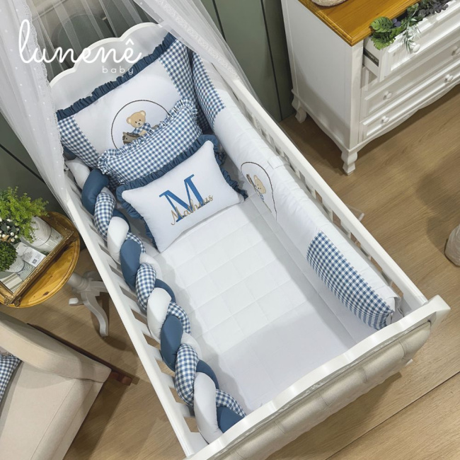 Enxoval de Berço Personalizado 08 Peças Ursinho Xadrez 140 Fios