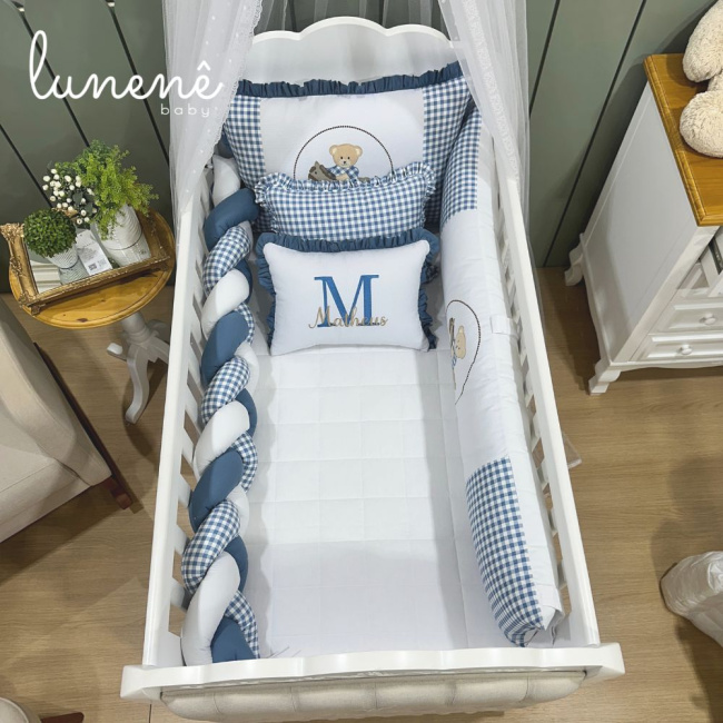 Enxoval de Berço Personalizado 08 Peças Ursinho Xadrez 140 Fios
