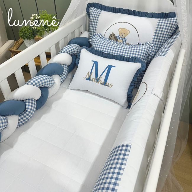 Enxoval de Berço Personalizado 08 Peças Ursinho Xadrez 140 Fios
