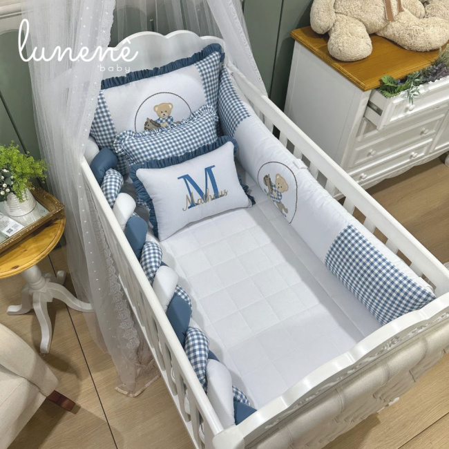Enxoval de Berço Personalizado 08 Peças Ursinho Xadrez 140 Fios