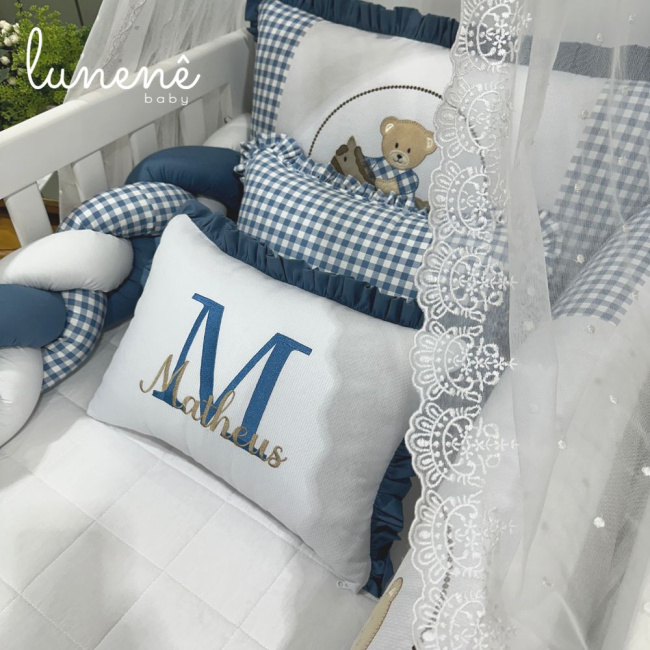 Enxoval de Berço Personalizado 08 Peças Ursinho Xadrez 140 Fios