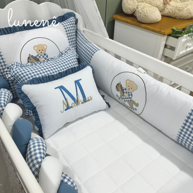 Enxoval de Berço Personalizado 08 Peças Ursinho Xadrez 140 Fios