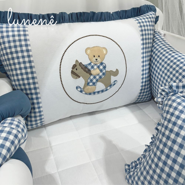 Enxoval de Berço Personalizado 08 Peças Ursinho Xadrez 140 Fios