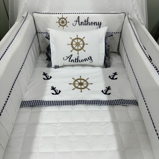 Enxoval de Berço Personalizado 09 Peças Marinheiro Baby 200 Fios 4524
