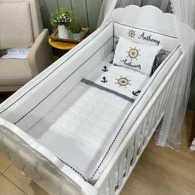 Enxoval de Berço Personalizado 09 Peças Marinheiro Baby 200 Fios 4524