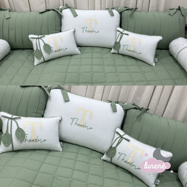 Enxoval de Cama Babá 08 Peças Folhas Baby Branco e Verde 200 Fios