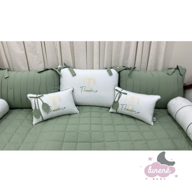 Enxoval de Cama Babá 08 Peças Folhas Baby Branco e Verde 200 Fios