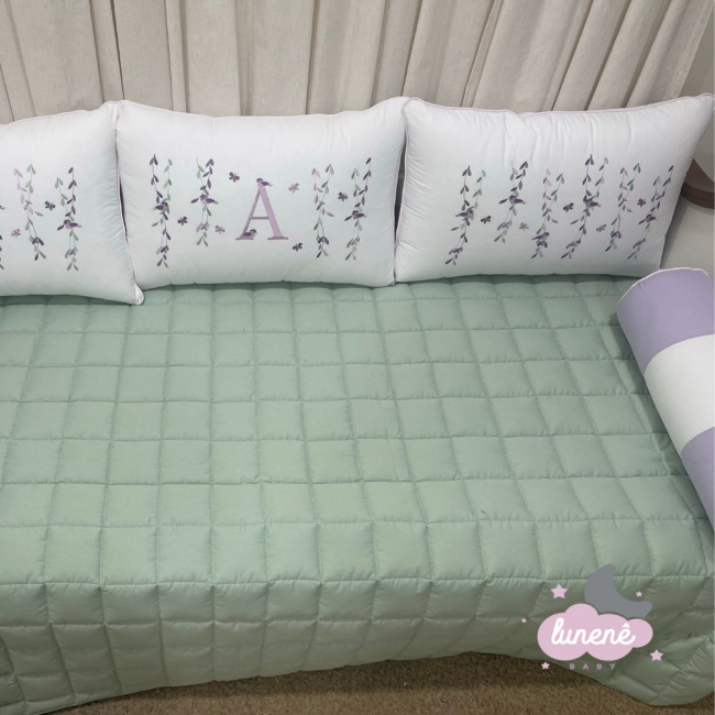 Enxoval de Cama Babá 08 Peças Primavera Baby Passarinhos Lilás Verde 200 Fios