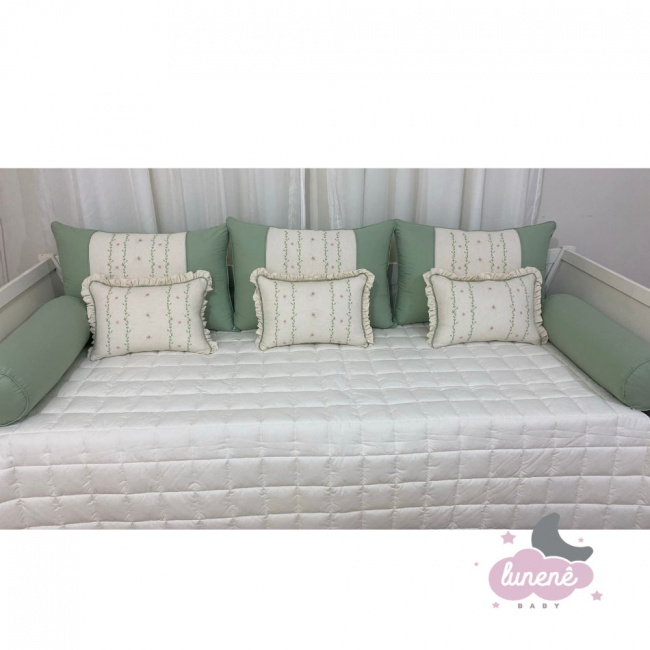 Enxoval de Cama Babá 09 Peças Encanto Baby Verde e Linho 200 Fios