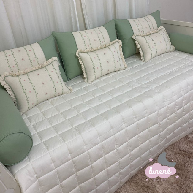 Enxoval de Cama Babá 09 Peças Encanto Baby Verde e Linho 200 Fios