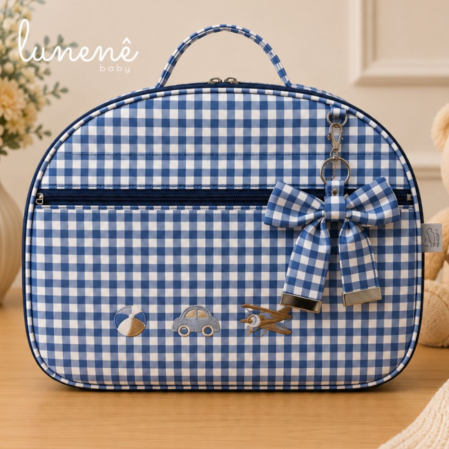 Jogo Bolsa e Mala Maternidade Leader Tecido Xadrez Azul 4635