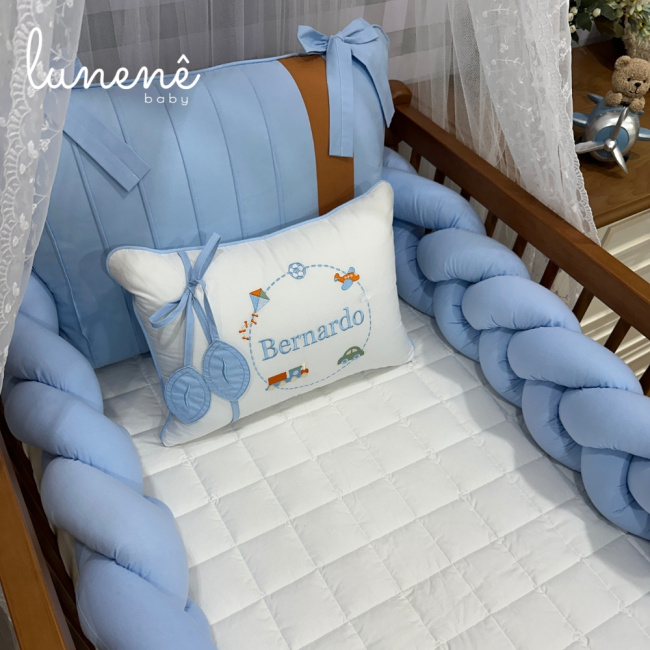 Kit Berço 100% Algodão 160 Fios Azul Bernardo Personalizado 06 Peças 4540
