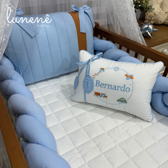 Kit Berço 100% Algodão 160 Fios Azul Bernardo Personalizado 06 Peças 4540