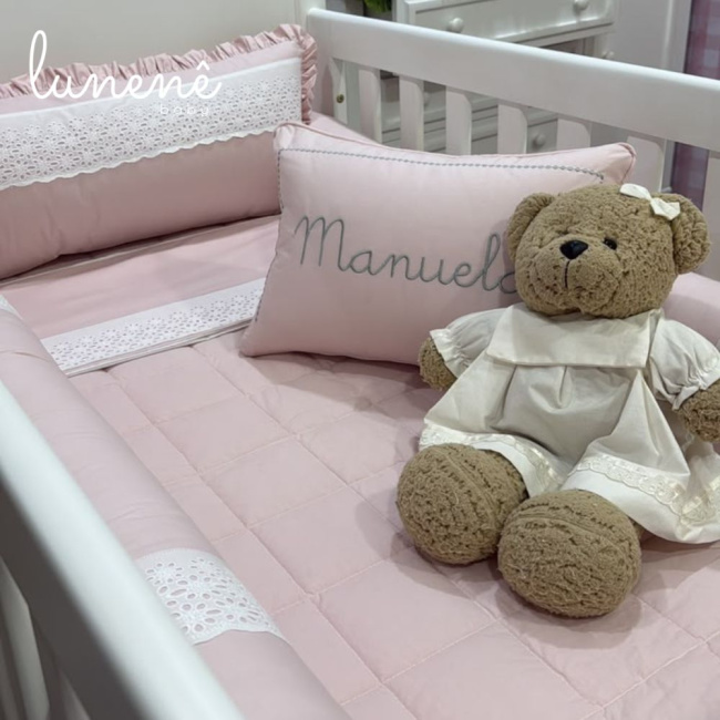 Kit Berço 100% Algodão 200 Fios Personalizado 08 Peças Manuela Baby Rose 4671
